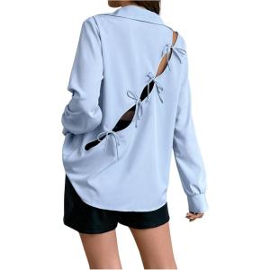 imageSweatyRocks Womens Cut Out Long Sleeve Blouses Blouses Tie Knot Button Down Collar Shirt TopsBlue