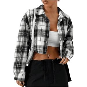 imageSweatyRocks Womens Cute Color Block Long Sleeve Crop Tops Plaid Button Down BlouseBlack and White