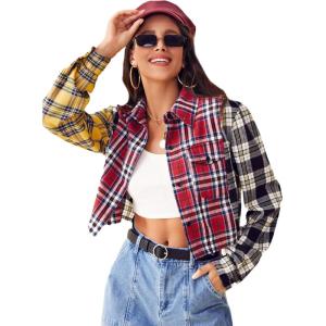 imageSweatyRocks Womens Cute Color Block Long Sleeve Crop Tops Plaid Button Down BlouseMulticolor