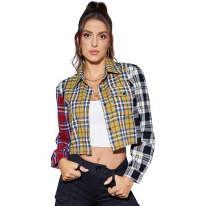 imageSweatyRocks Womens Cute Color Block Long Sleeve Crop Tops Plaid Button Down BlouseRed Yellow Black