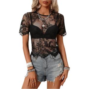 imageSweatyRocks Womens Floral Lace Sheer See Through Blouse Short Sleeve Crewneck Scallop Trim Shirts TopsBlack