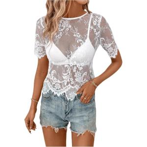 imageSweatyRocks Womens Floral Lace Sheer See Through Blouse Short Sleeve Crewneck Scallop Trim Shirts TopsWhite