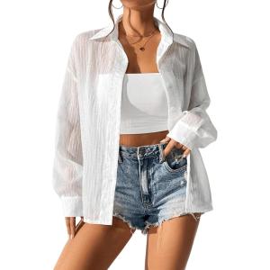 imageSweatyRocks Womens Long Sleeve Drop Shoulder Button Down Shirt Loose Fit Sheer Blouse TopWhite