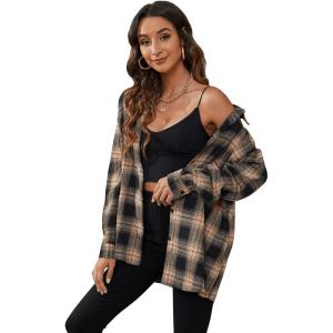 imageSweatyRocks Womens Plaid Button Front Long Sleeve High Low Shirt Blouse TopBeige Black