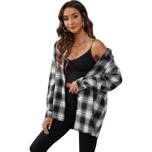 imageSweatyRocks Womens Plaid Button Front Long Sleeve High Low Shirt Blouse TopBlack White Tartan