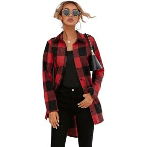 imageSweatyRocks Womens Plaid Button Front Long Sleeve High Low Shirt Blouse TopBlack and Red