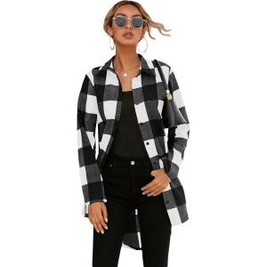 imageSweatyRocks Womens Plaid Button Front Long Sleeve High Low Shirt Blouse TopBlack and White