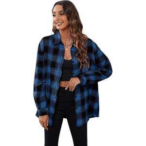 imageSweatyRocks Womens Plaid Button Front Long Sleeve High Low Shirt Blouse TopBlue Black