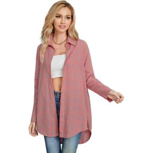 imageSweatyRocks Womens Plaid Button Front Long Sleeve High Low Shirt Blouse TopPink