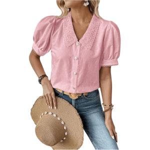 imageSweatyRocks Womens Puff Short Sleeve Collar Button Front Blouse V Neck Contrast Lace Shirt TopsPink