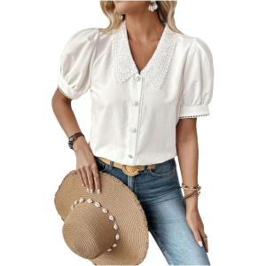 imageSweatyRocks Womens Puff Short Sleeve Collar Button Front Blouse V Neck Contrast Lace Shirt TopsWhite
