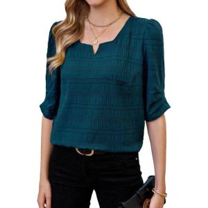 imageSweatyRocks Womens Puff Sleeve Square Neck Blouses Textured Solid Work Office Shirts TopsDark Green