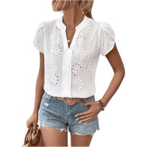 imageSweatyRocks Womens Puff Sleeve Tops V Neck Embroidery Eyelet Blouse ShirtsWhite