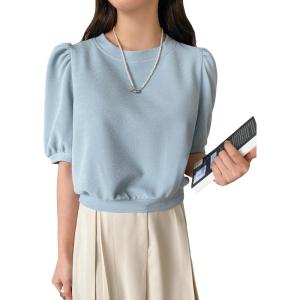imageSweatyRocks Womens Short Puff Sleeve Round Neck Blouse Casual Solid Office Shirt TopBlue