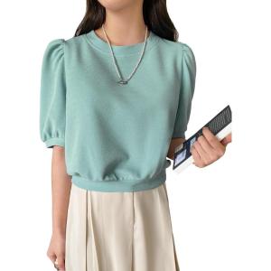 imageSweatyRocks Womens Short Puff Sleeve Round Neck Blouse Casual Solid Office Shirt TopCadet Blue