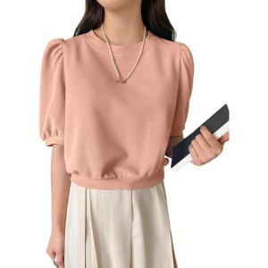 imageSweatyRocks Womens Short Puff Sleeve Round Neck Blouse Casual Solid Office Shirt TopCoral Pink