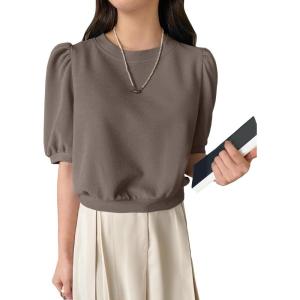imageSweatyRocks Womens Short Puff Sleeve Round Neck Blouse Casual Solid Office Shirt TopMocha Brown