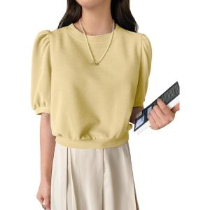 imageSweatyRocks Womens Short Puff Sleeve Round Neck Blouse Casual Solid Office Shirt TopYellow