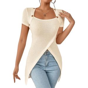 imageSweatyRocks Womens Square Neck Asymmetrical Tops Dressy Casual Short Sleeve Shirts Wrap Plain Tee ShirtBeige