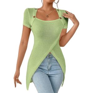imageSweatyRocks Womens Square Neck Asymmetrical Tops Dressy Casual Short Sleeve Shirts Wrap Plain Tee ShirtGreen