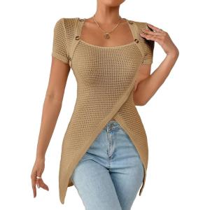 imageSweatyRocks Womens Square Neck Asymmetrical Tops Dressy Casual Short Sleeve Shirts Wrap Plain Tee ShirtKhaki