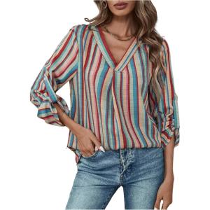 imageSweatyRocks Womens Striped Long Sleeve Shirts V Neck Loose Casual Blouse TopsMulticolor