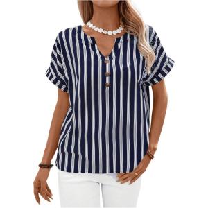 imageSweatyRocks Womens Striped Shirts Button Front V Neck Short Sleeve Summer BlousesBlue