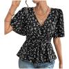 imageSweatyRocks Womens Floral Print Belted Flared Ruffle Hem Tops Butterfly Sleeve Peplum BlouseBlack and White