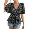 imageSweatyRocks Womens Floral Print Belted Flared Ruffle Hem Tops Butterfly Sleeve Peplum BlouseBlack and White