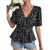 imageSweatyRocks Womens Floral Print Belted Flared Ruffle Hem Tops Butterfly Sleeve Peplum BlouseBlack and White