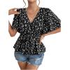 imageSweatyRocks Womens Floral Print Belted Flared Ruffle Hem Tops Butterfly Sleeve Peplum BlouseBlack and White