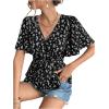 imageSweatyRocks Womens Floral Print Belted Flared Ruffle Hem Tops Butterfly Sleeve Peplum BlouseBlack and White