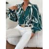 imageSweatyRocks Womens Graphic Print Long Lantern Sleeve Collar Neck Button Front Blouse Shirt TopGreen