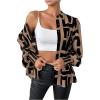 imageSweatyRocks Womens Graphic Print Long Lantern Sleeve Collar Neck Button Front Blouse Shirt TopKhaki