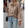 imageSweatyRocks Womens Pearls Bow Tie Mock Neck Long Sleeve Shirts Casual Loose Fit Blouse TopKhaki