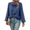 imageSweatyRocks Womens Pearls Bow Tie Mock Neck Long Sleeve Shirts Casual Loose Fit Blouse TopSolid Blue