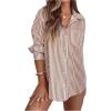 imageSweatyRocks Womens Striped Long Sleeve Collared Shirts Button Down Blouses with Pocket Dressy CasualKhaki