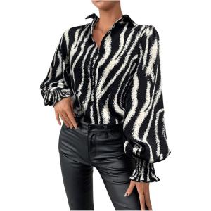 imageSweatyRocks Womens Graphic Print Long Lantern Sleeve Collar Neck Button Front Blouse Shirt TopBlack White