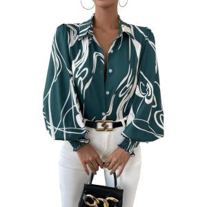 imageSweatyRocks Womens Graphic Print Long Lantern Sleeve Collar Neck Button Front Blouse Shirt TopGreen
