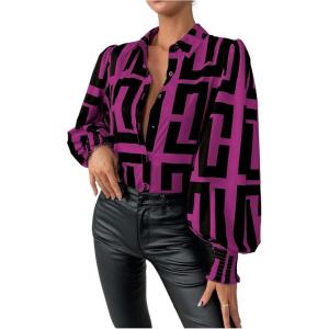 imageSweatyRocks Womens Graphic Print Long Lantern Sleeve Collar Neck Button Front Blouse Shirt TopHot Pink