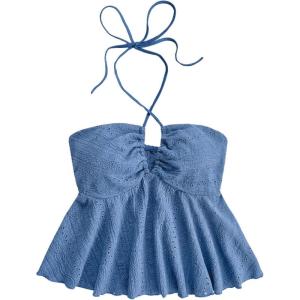 imageSweatyRocks Womens Halter Tops Criss Cross Sleeveless Eyelet Ruffle Crop Cami TopBlue