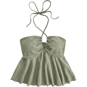 imageSweatyRocks Womens Halter Tops Criss Cross Sleeveless Eyelet Ruffle Crop Cami TopGreen