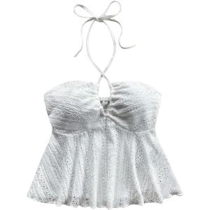 imageSweatyRocks Womens Halter Tops Criss Cross Sleeveless Eyelet Ruffle Crop Cami TopWhite