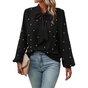 imageSweatyRocks Womens Pearls Bow Tie Mock Neck Long Sleeve Shirts Casual Loose Fit Blouse TopBlack