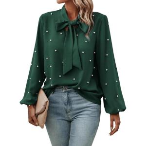 imageSweatyRocks Womens Pearls Bow Tie Mock Neck Long Sleeve Shirts Casual Loose Fit Blouse TopDark Green