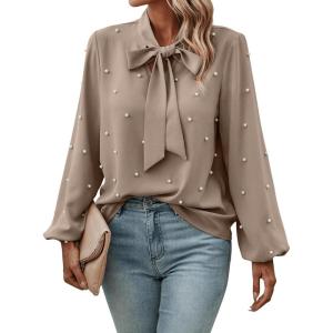 imageSweatyRocks Womens Pearls Bow Tie Mock Neck Long Sleeve Shirts Casual Loose Fit Blouse TopKhaki