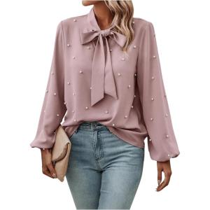 imageSweatyRocks Womens Pearls Bow Tie Mock Neck Long Sleeve Shirts Casual Loose Fit Blouse TopPink