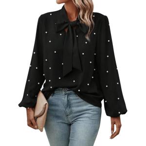 imageSweatyRocks Womens Pearls Bow Tie Mock Neck Long Sleeve Shirts Casual Loose Fit Blouse TopSolid Black