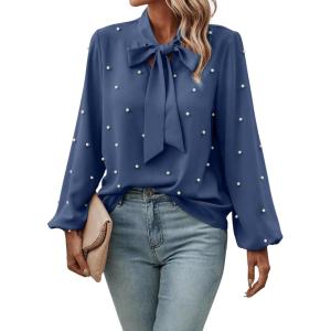 imageSweatyRocks Womens Pearls Bow Tie Mock Neck Long Sleeve Shirts Casual Loose Fit Blouse TopSolid Blue