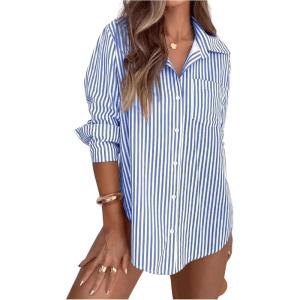 imageSweatyRocks Womens Striped Long Sleeve Collared Shirts Button Down Blouses with Pocket Dressy CasualBlue